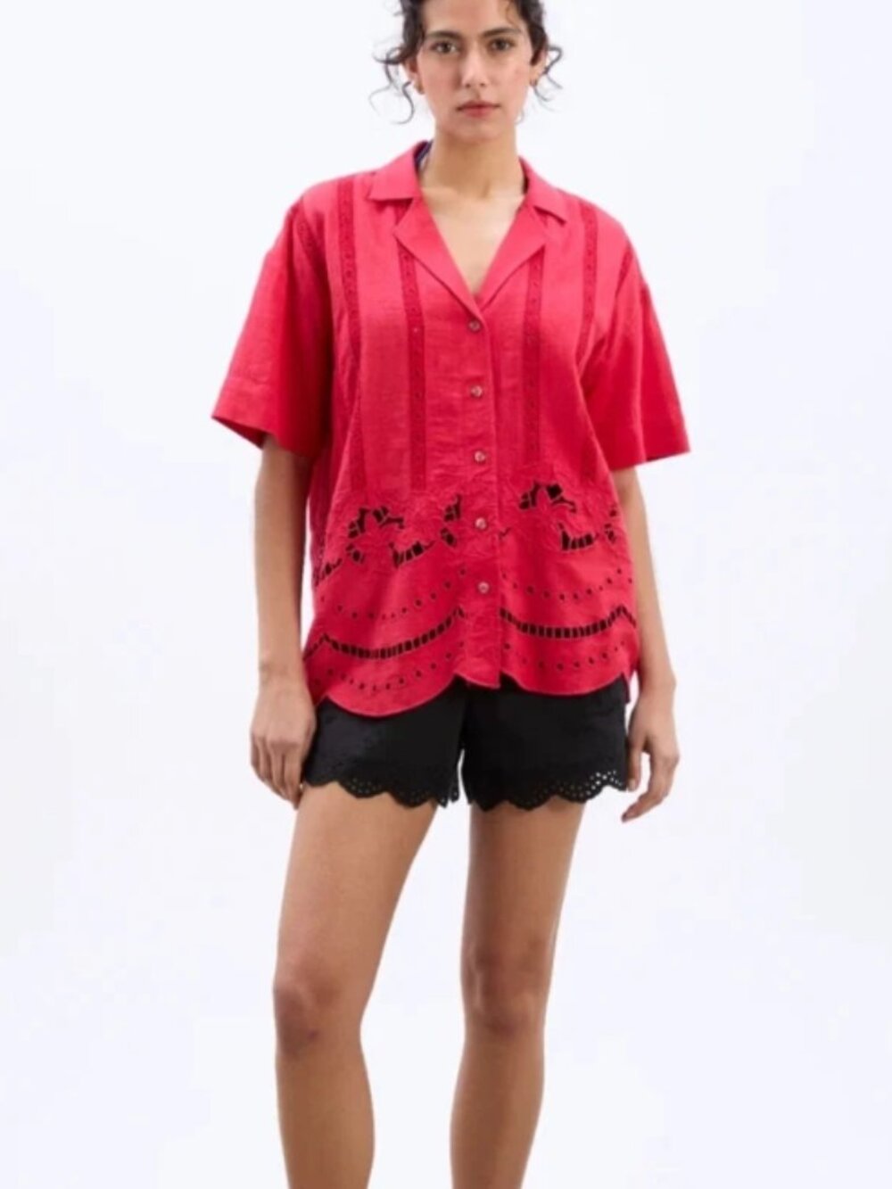 Damson Madder Martina Short-Sleeve Shirt Red Buttondown Top L 12